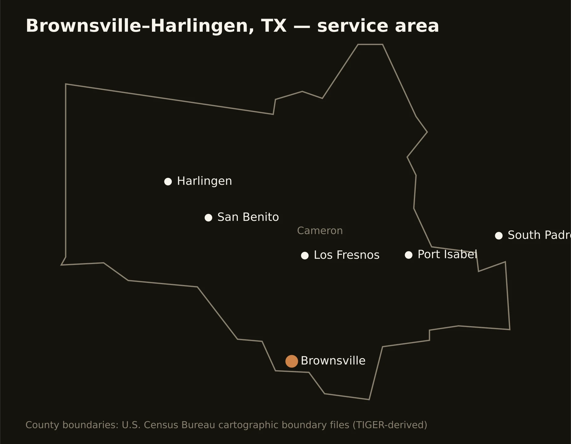 Brownsville–Harlingen, TX directional drilling service area map — component counties and cities served